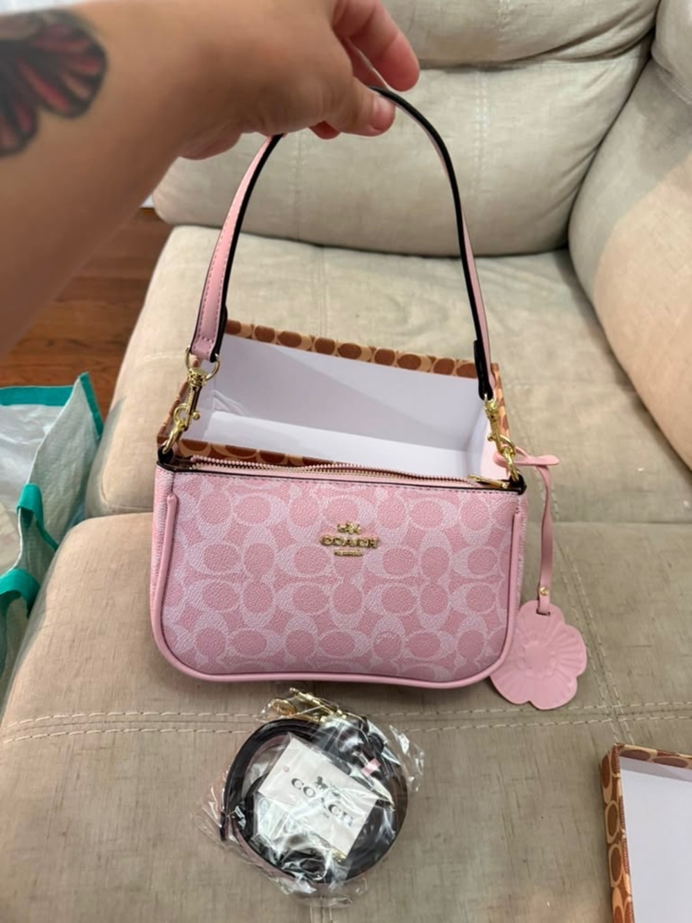 Coach Pink Signature Small Shoulder Bag with Floral Charm